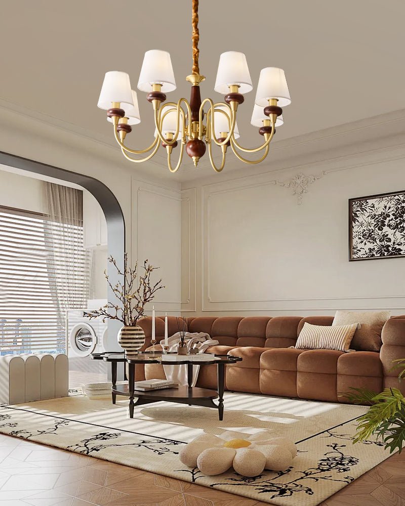 Grandiose Wood & Brass Chandelier with Fabric Shades for Dining Room and Foyer