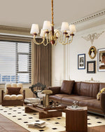 Grandiose Wood & Brass Chandelier with Fabric Shades for Dining Room and Foyer