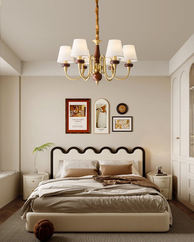 Grandiose Wood & Brass Chandelier with Fabric Shades for Dining Room and Foyer