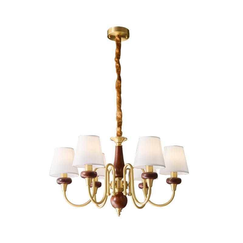 Grandiose Wood & Brass Chandelier with Fabric Shades for Dining Room and Foyer
