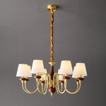 Grandiose Wood & Brass Chandelier with Fabric Shades for Dining Room and Foyer