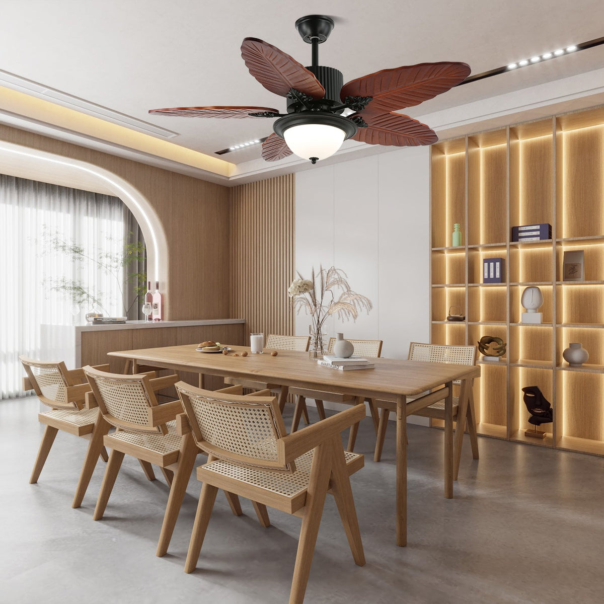 Banana Leaf Wood Ceiling Fan with Integrated LED Light for Tropical Interiors