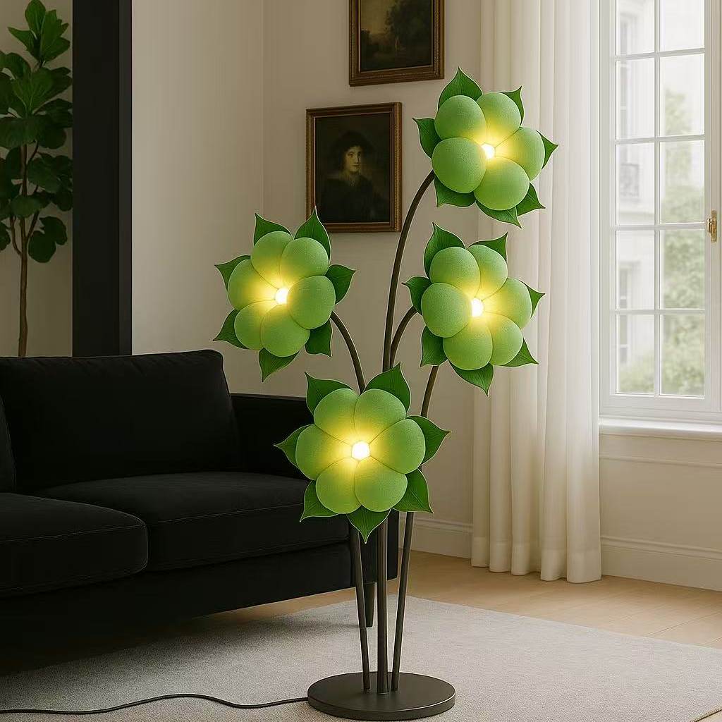 Green Blossom Floor Lamp – Sculptural Sage Bloom with Matte Black Stems