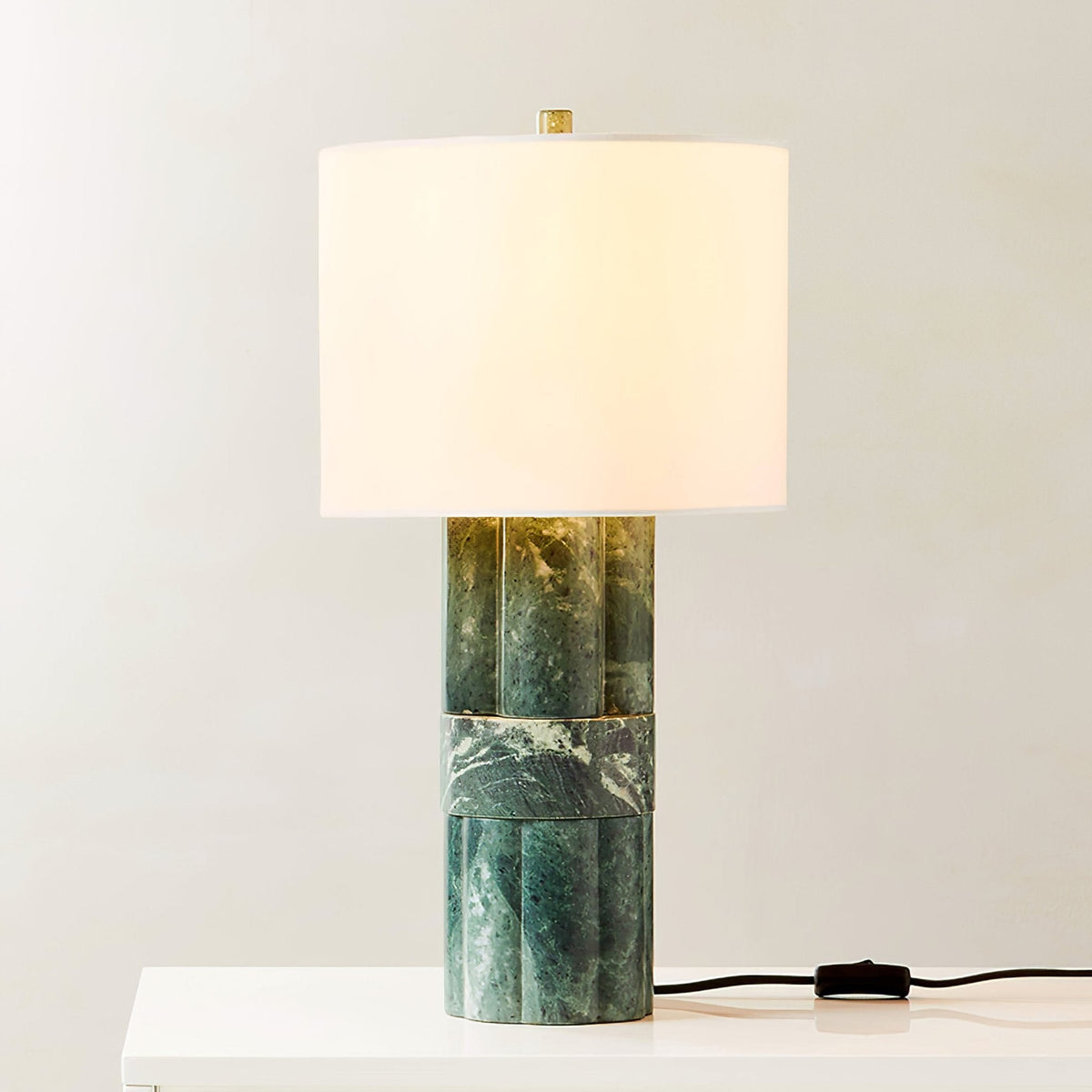 Green Marble Table Lamp with White Drum Shade for Modern Interiors
