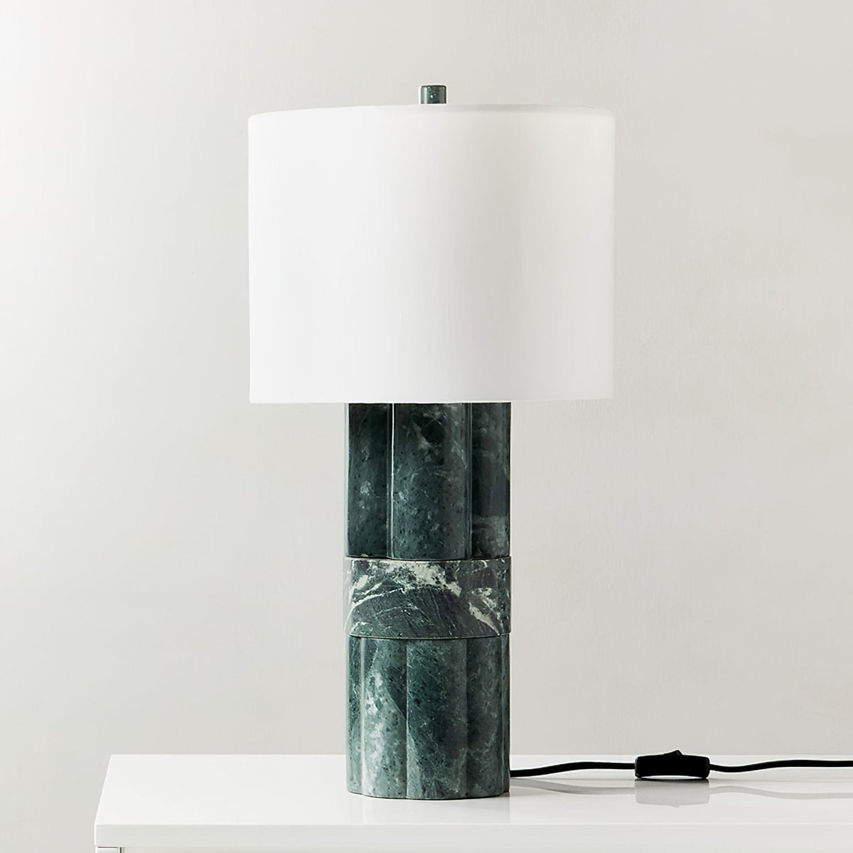 Green Marble Table Lamp with White Drum Shade for Modern Interiors