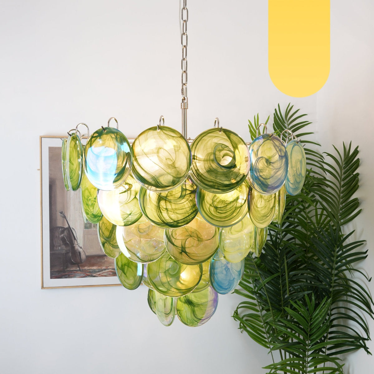 Green Glass Disc Chandelier – Modern Art Glass Pendant for Dining Room and Living Room
