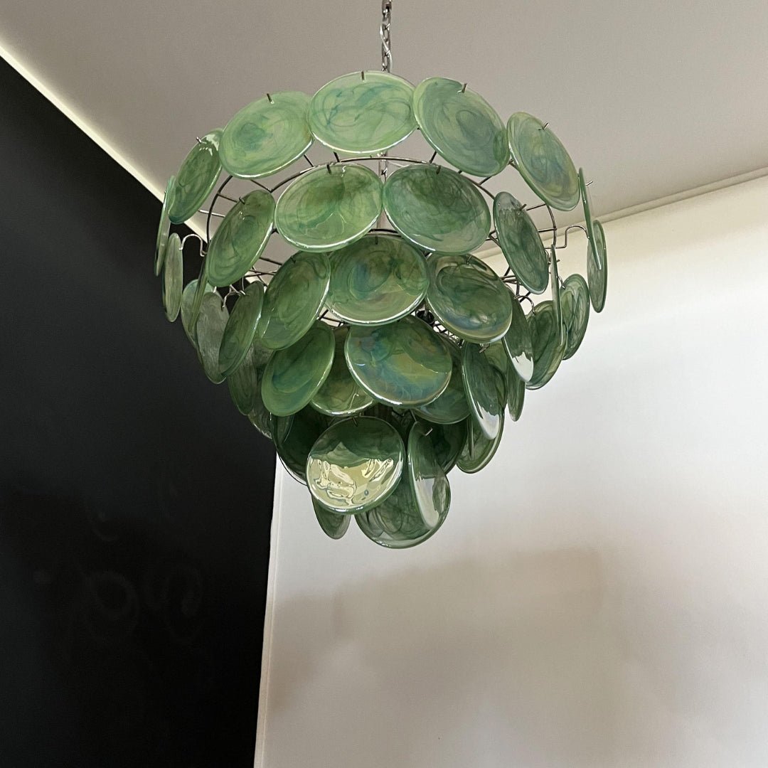 Green Glass Disc Chandelier – Modern Art Glass Pendant for Dining Room and Living Room