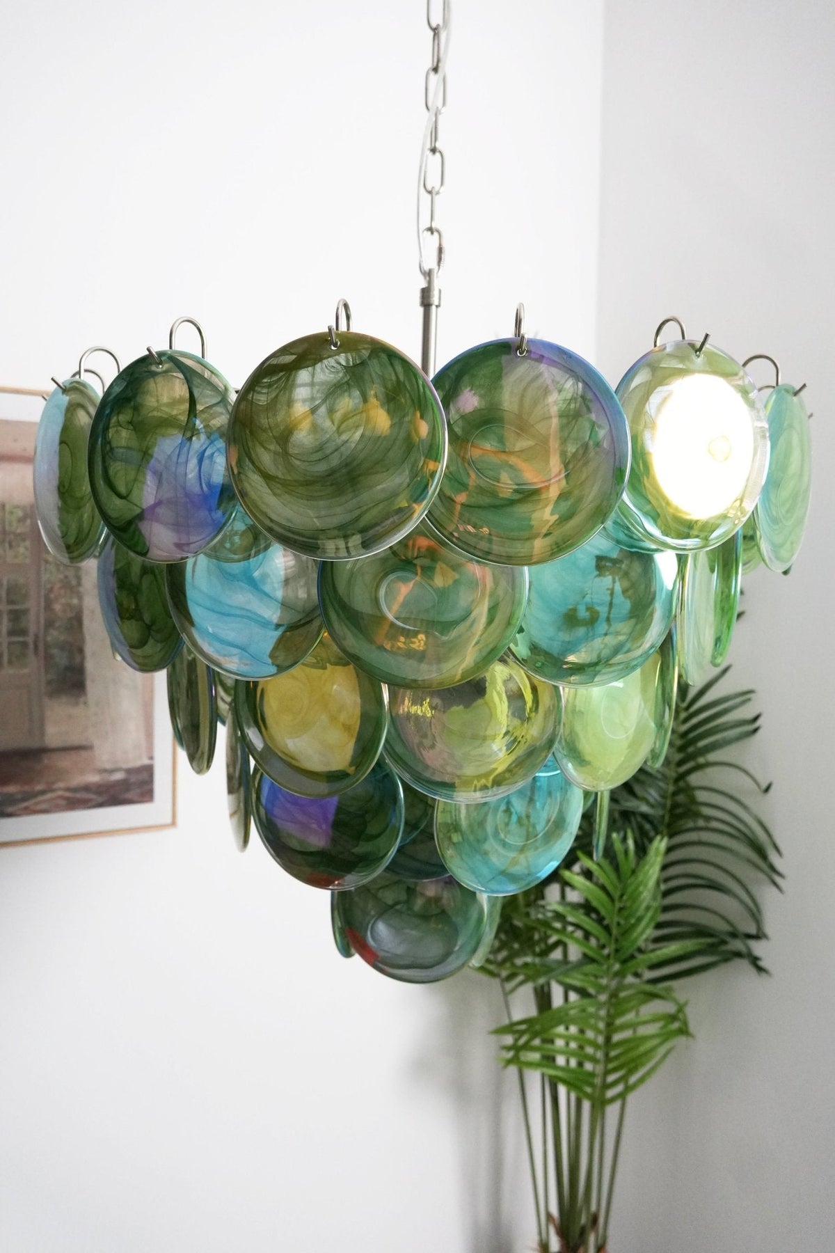 Green Glass Disc Chandelier – Modern Art Glass Pendant for Dining Room and Living Room