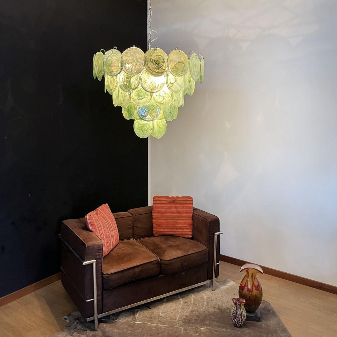 Green Glass Disc Chandelier – Modern Art Glass Pendant for Dining Room and Living Room