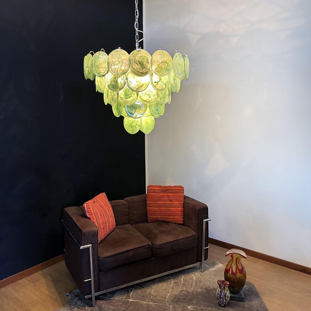 Green Glass Disc Chandelier – Modern Art Glass Pendant for Dining Room and Living Room