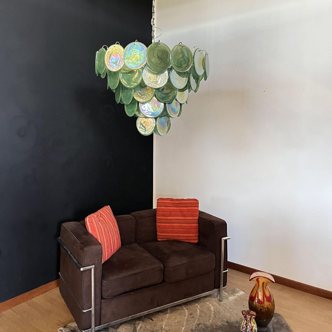 Green Glass Disc Chandelier – Modern Art Glass Pendant for Dining Room and Living Room