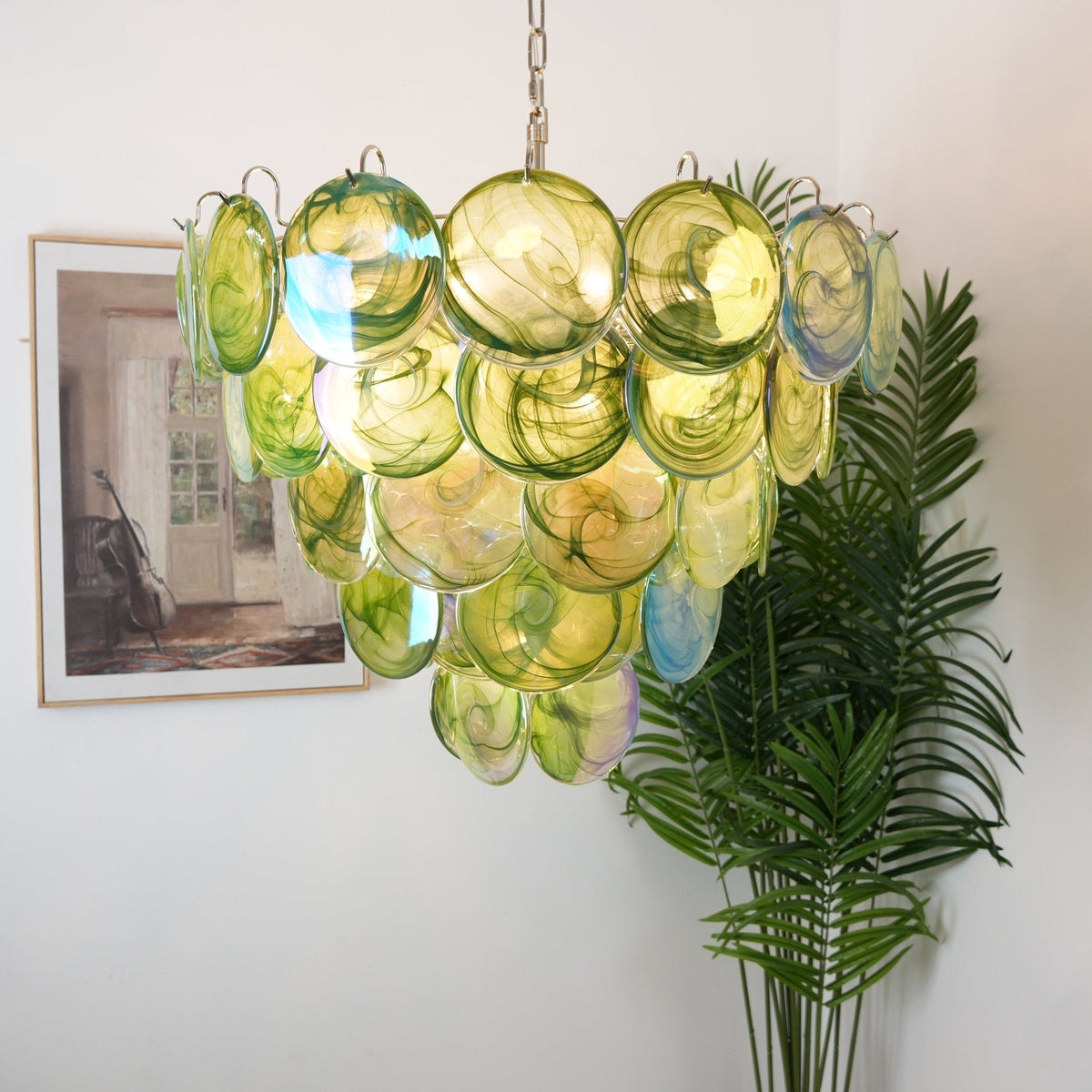 Green Glass Disc Chandelier – Modern Art Glass Pendant for Dining Room and Living Room