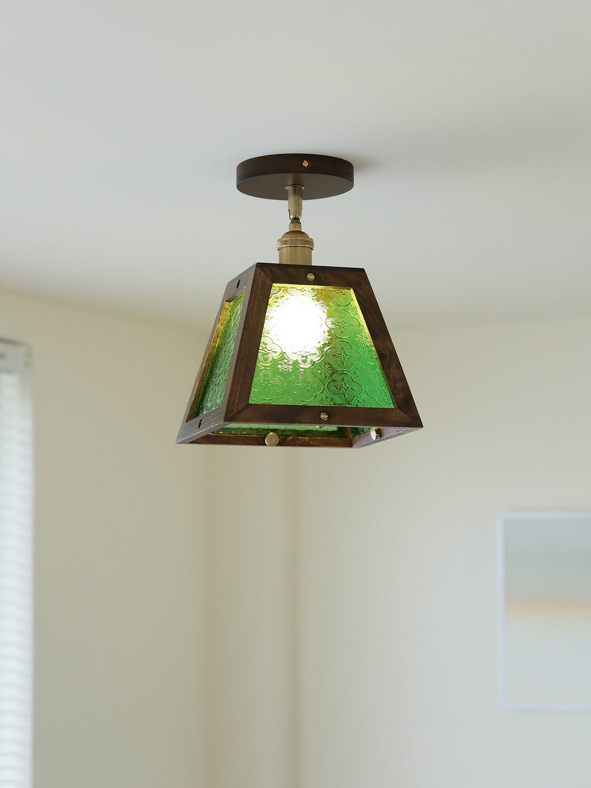 Verdant Art Glass Ceiling Pendant with Walnut Accents