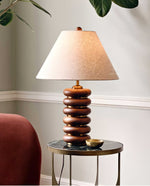 Greyson Table Lamp in Stained Oak and Antique Brass with Linen Shade