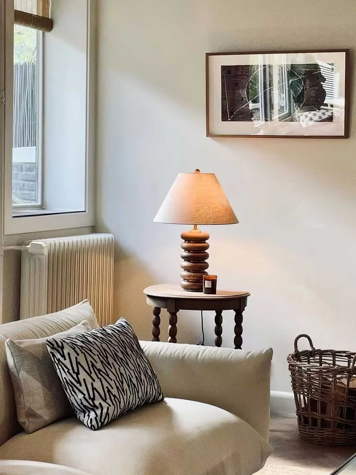 Greyson Table Lamp in Stained Oak and Antique Brass with Linen Shade