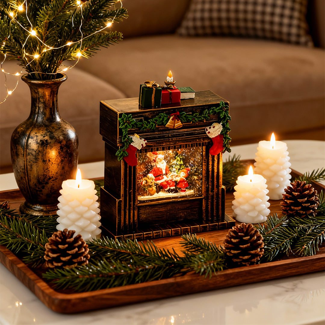 Nordic Fireplace Snowfall Table Lamp with Warm LED Glow