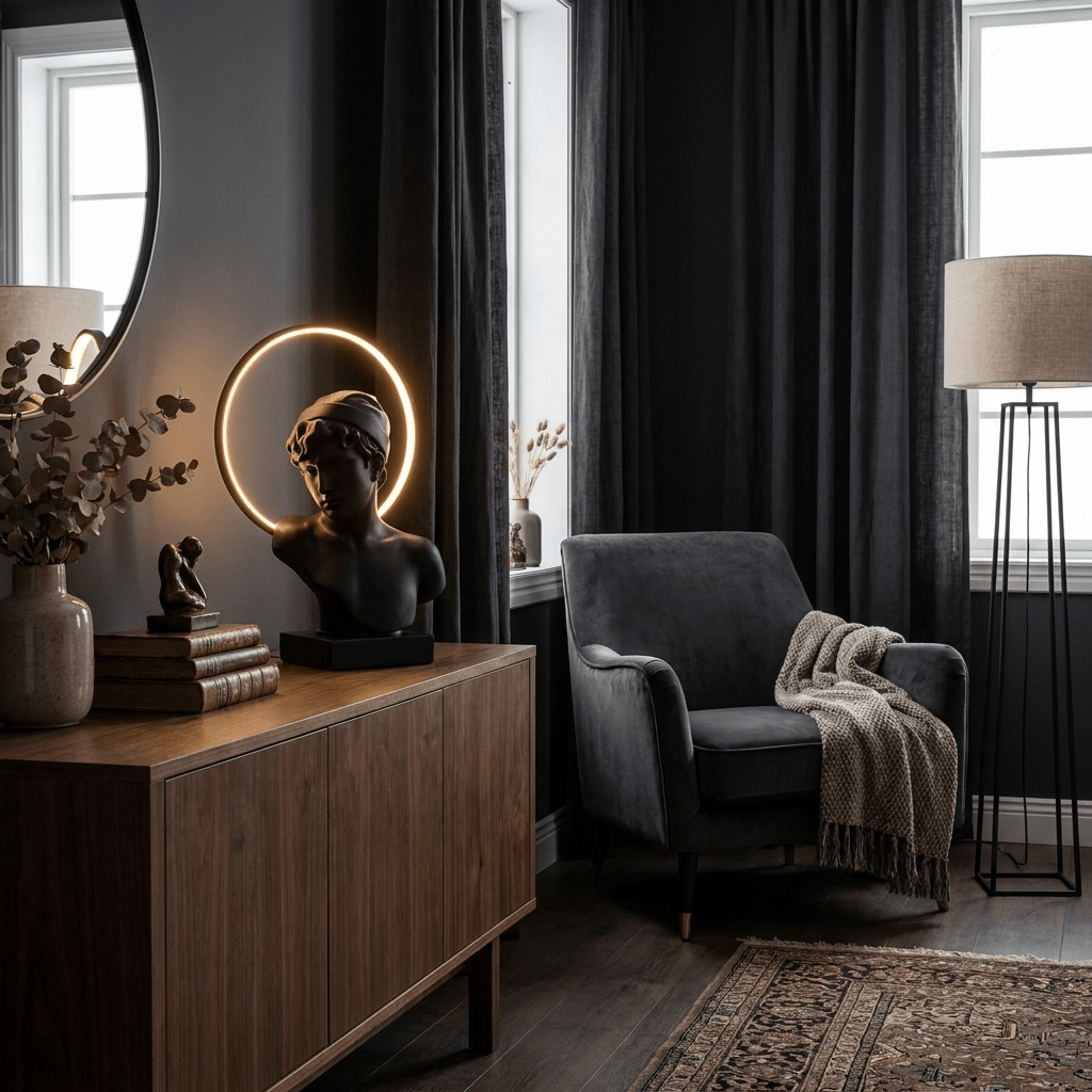 Halo Muse Sculptural Table Lamp – Matte Black LED Accent Light for Modern Interiors