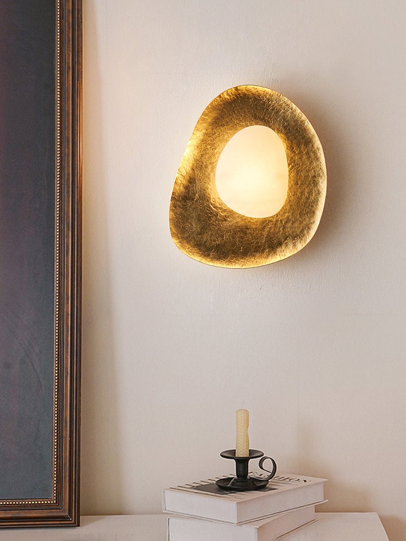 Aurea Alabaster Wall Sconce in Hand-Hammered Brass