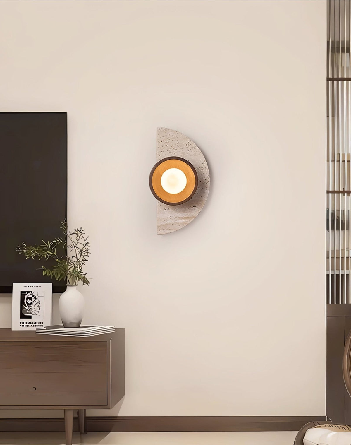Halvora Travertine Wall Sconce with Wood Accent and Glass Globe