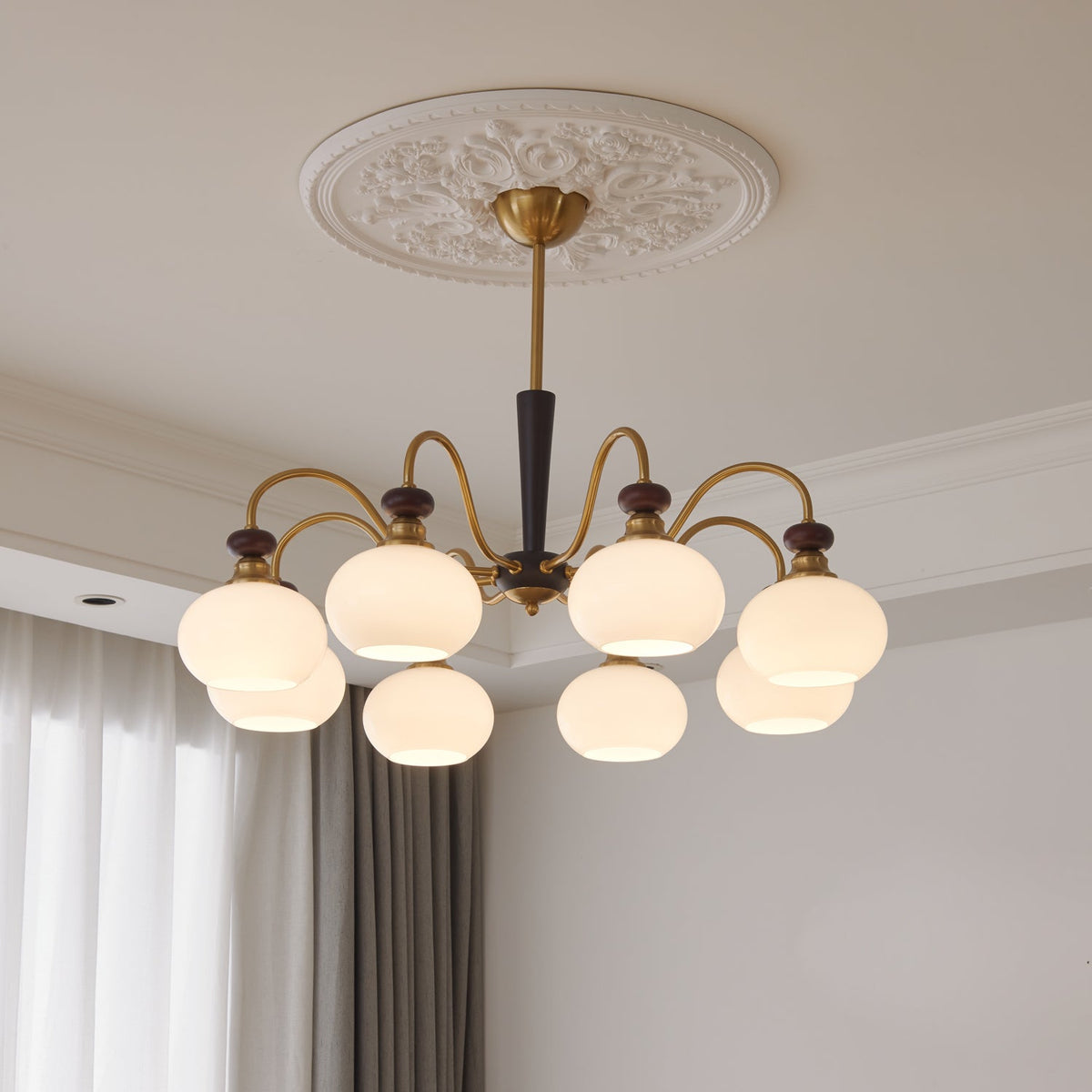 Harmonia Sphere Chandelier – Modern Walnut & Glass Pendant Light