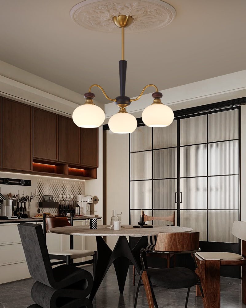 Harmonia Sphere Chandelier – Modern Walnut & Glass Pendant Light