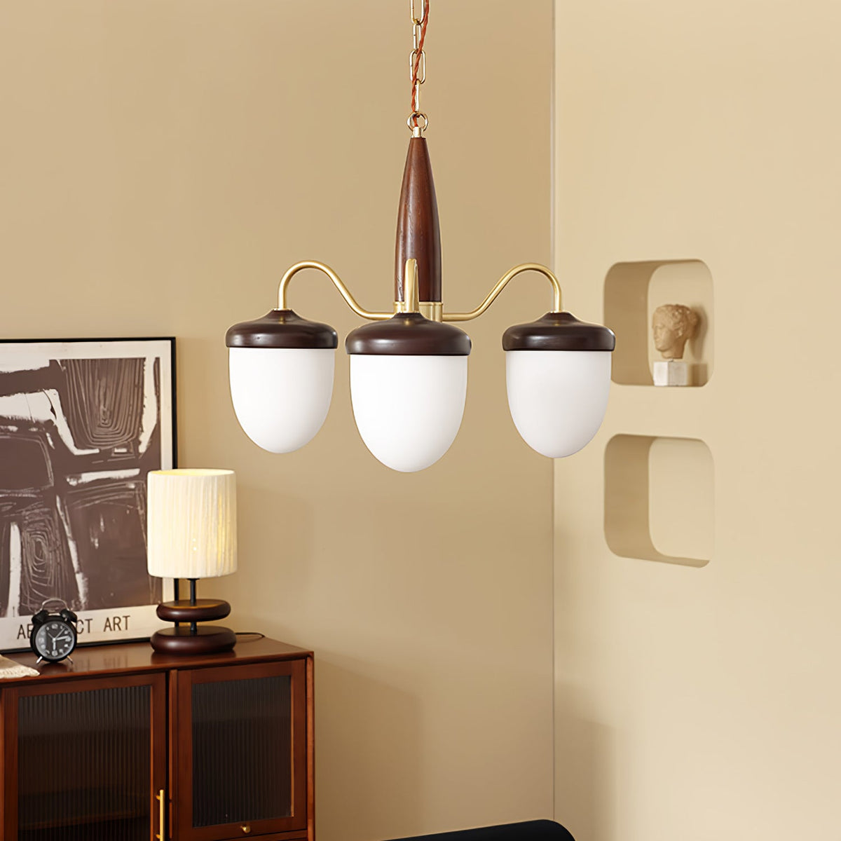 Hazelnut Branch Chandelier in Walnut Wood and Brass with Glass Shades