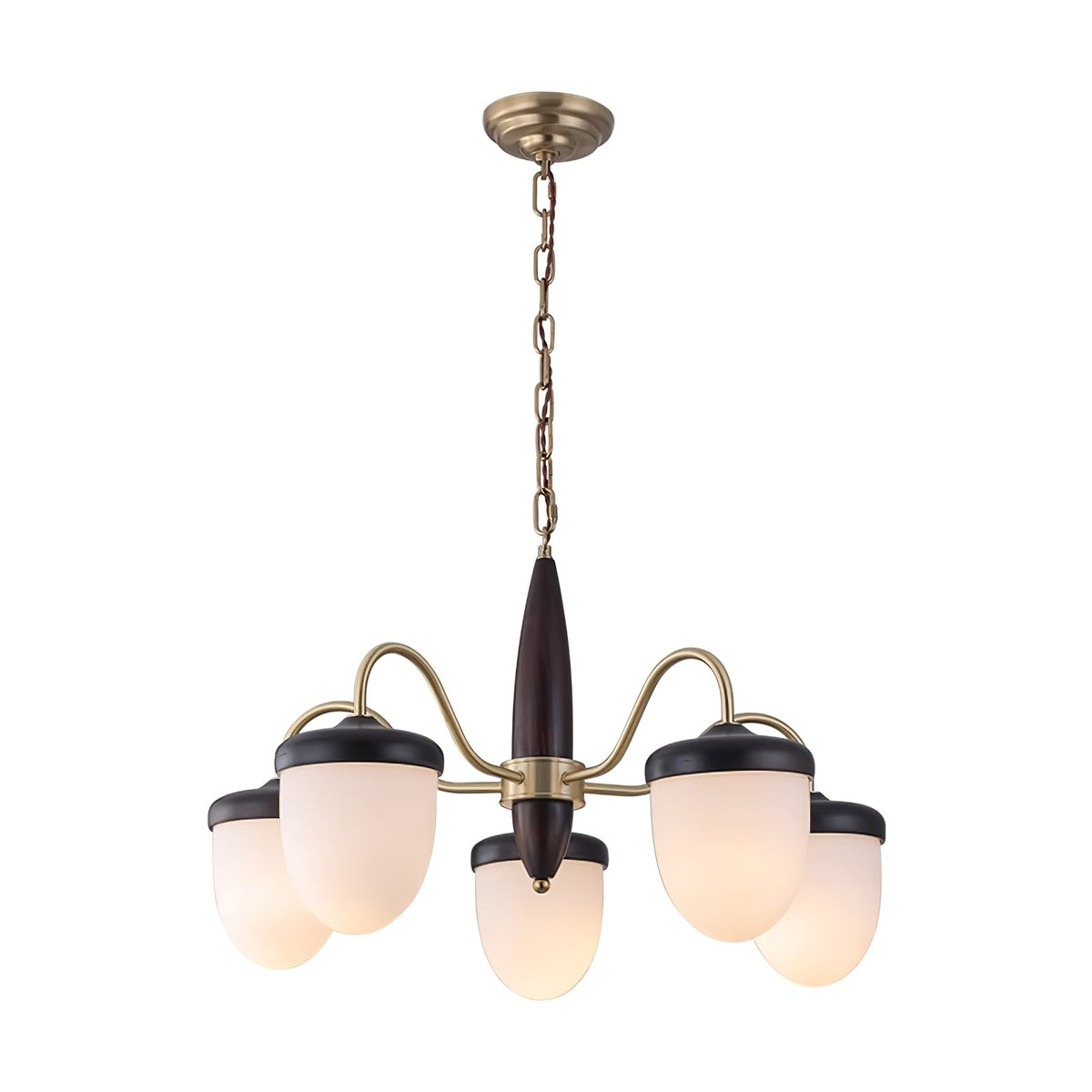 Hazelnut Branch Chandelier in Walnut Wood and Brass with Glass Shades