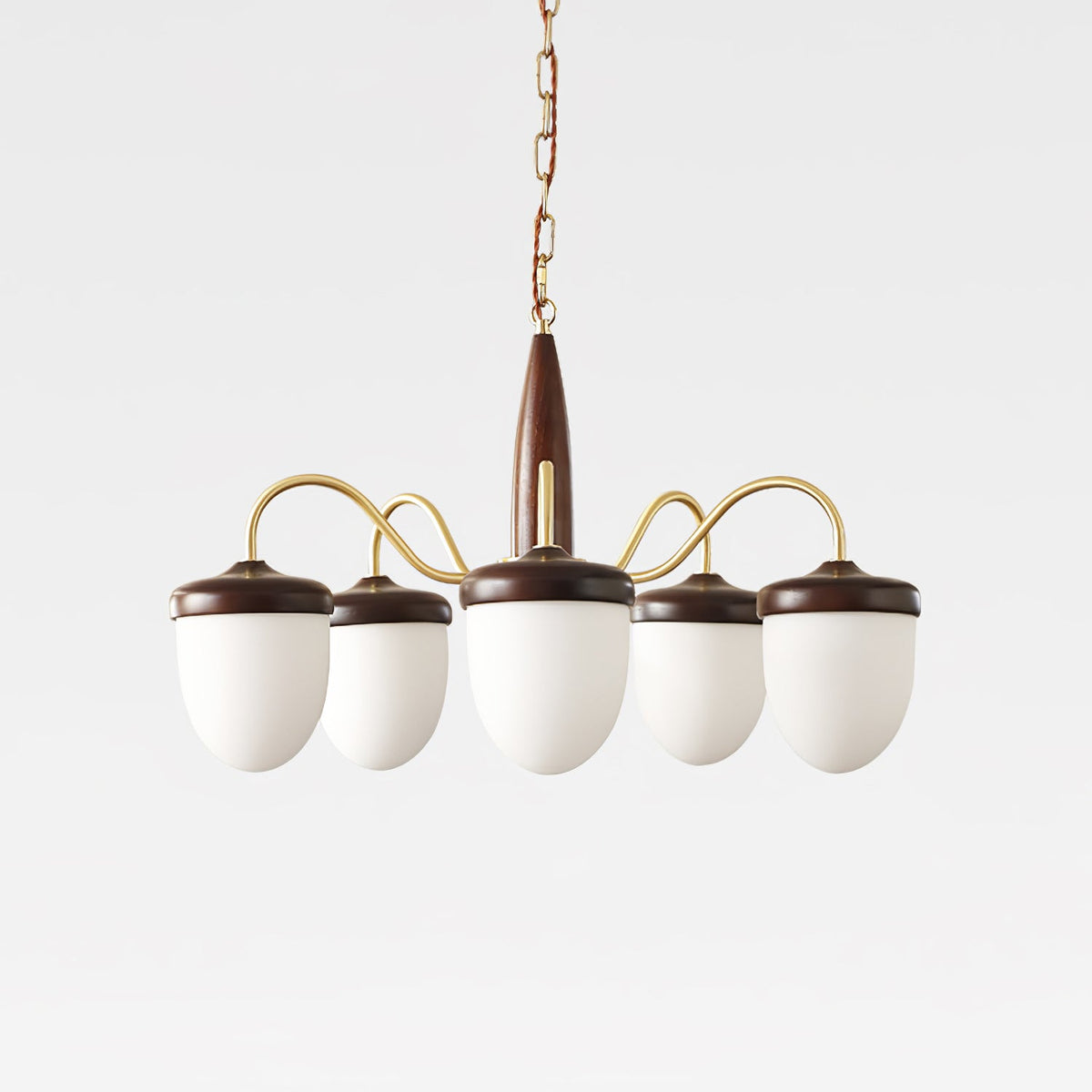 Hazelnut Branch Chandelier in Walnut Wood and Brass with Glass Shades