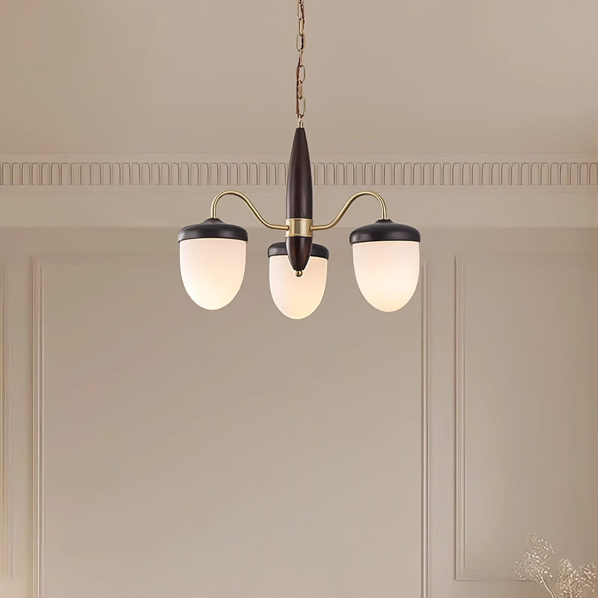 Hazelnut Branch Chandelier in Walnut Wood and Brass with Glass Shades