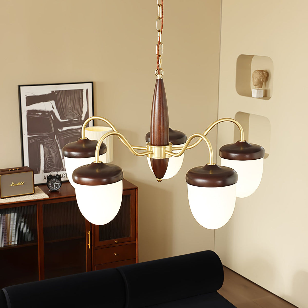Hazelnut Branch Chandelier in Walnut Wood and Brass with Glass Shades