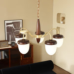Hazelnut Branch Chandelier in Walnut Wood and Brass with Glass Shades