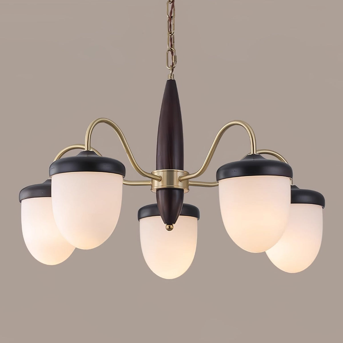 Hazelnut Branch Chandelier in Walnut Wood and Brass with Glass Shades