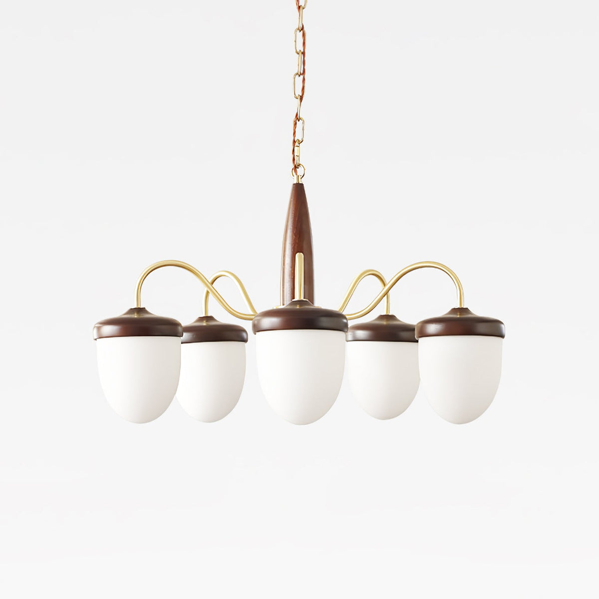 Hazelnut Branch Chandelier in Walnut Wood and Brass with Glass Shades