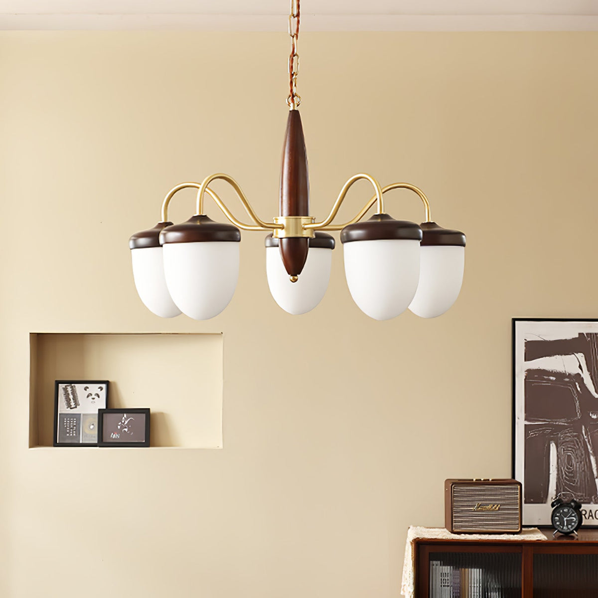Hazelnut Branch Chandelier in Walnut Wood and Brass with Glass Shades