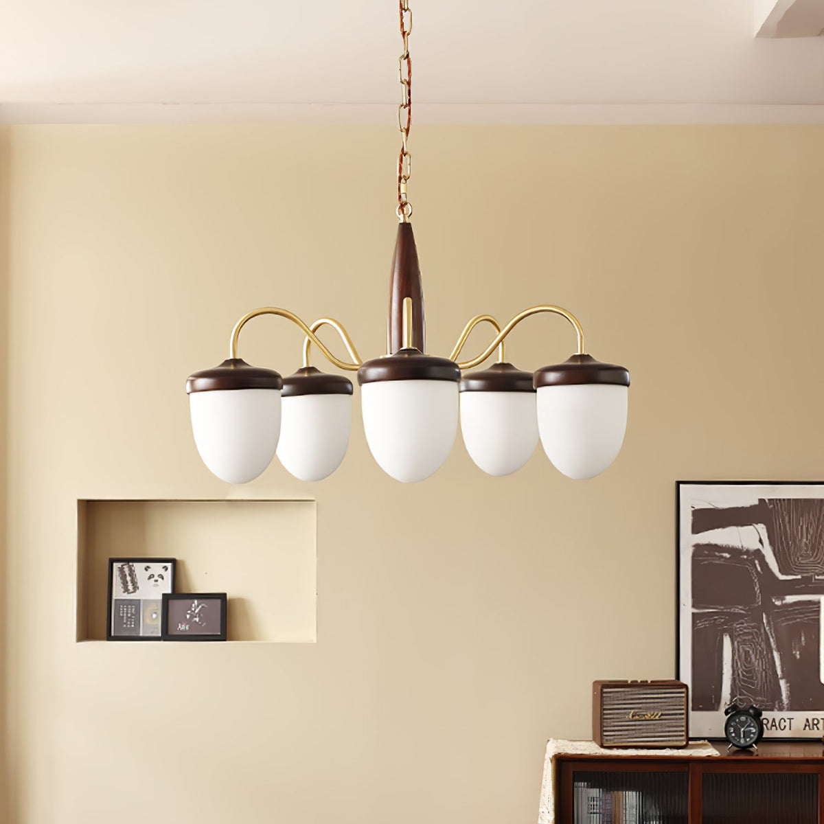 Hazelnut Branch Chandelier in Walnut Wood and Brass with Glass Shades