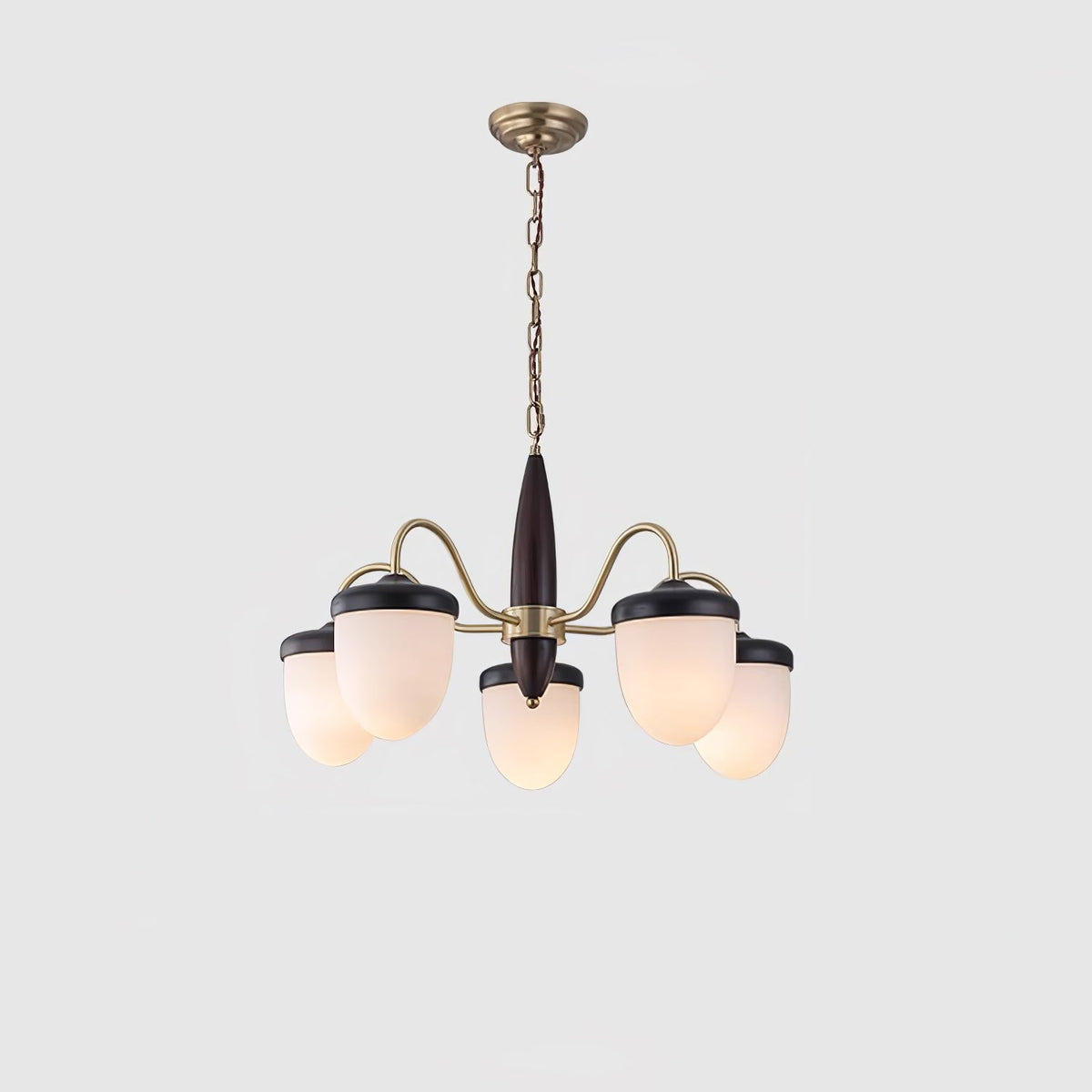 Hazelnut Branch Chandelier in Walnut Wood and Brass with Glass Shades