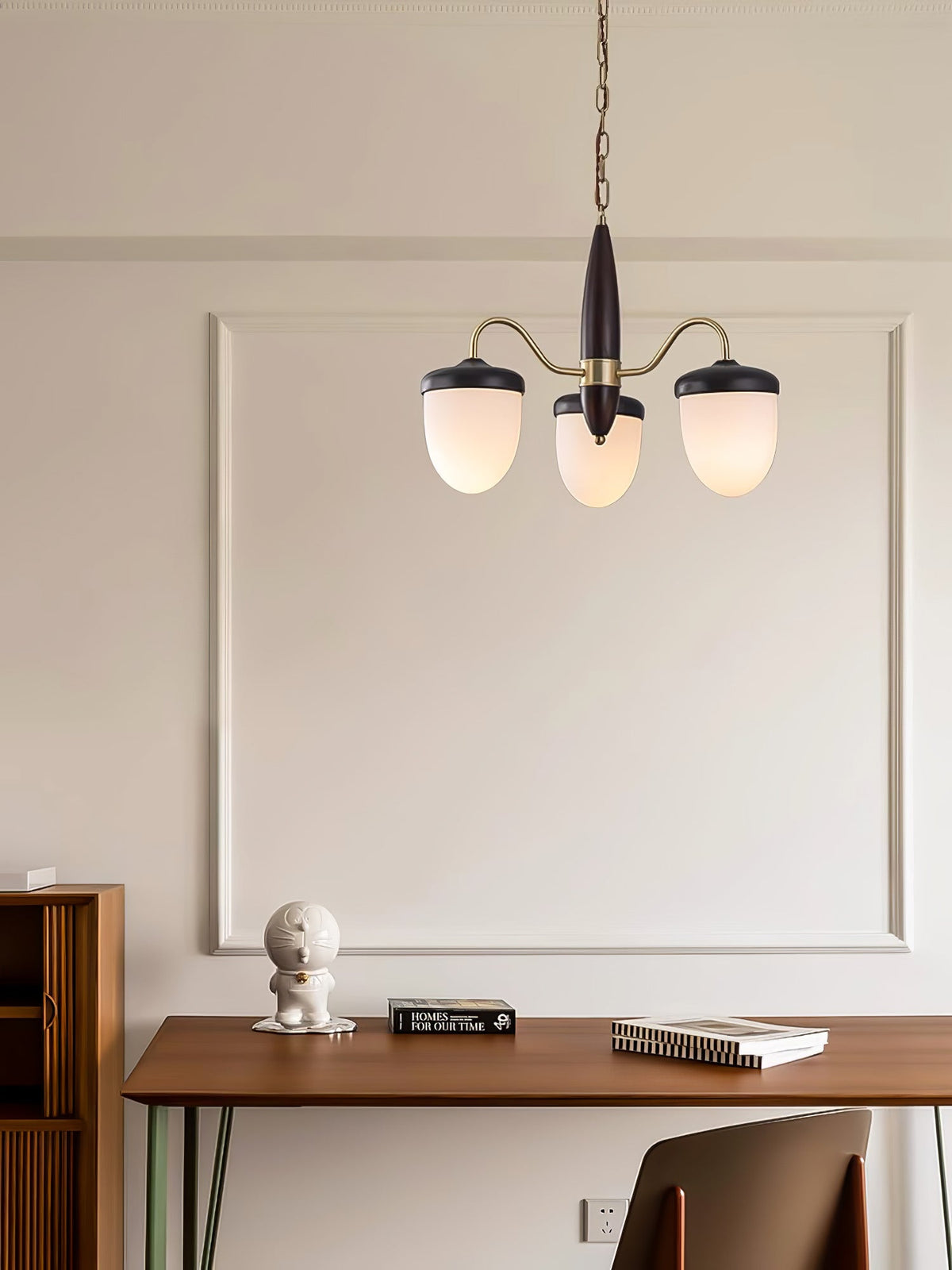 Hazelnut Branch Chandelier in Walnut Wood and Brass with Glass Shades