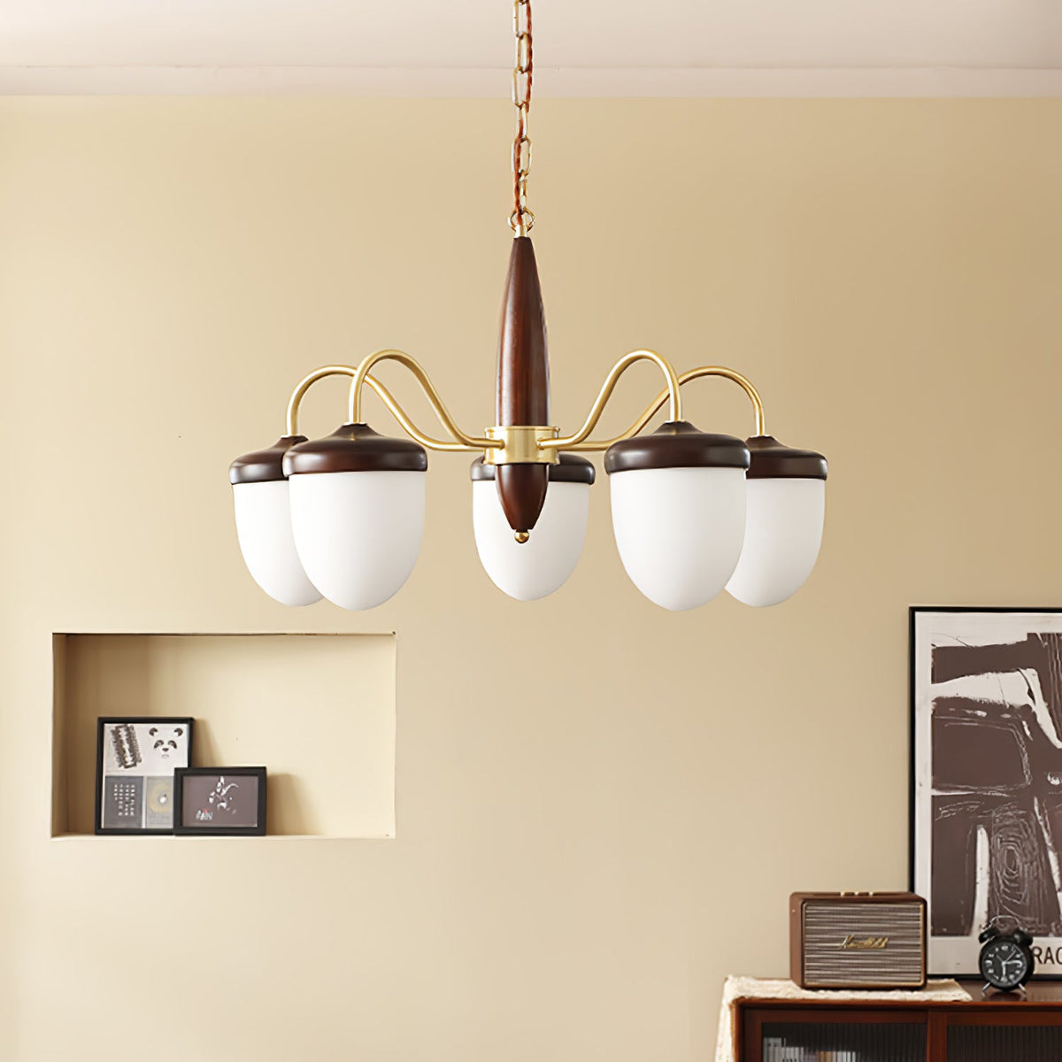 Hazelnut Branch Chandelier in Walnut Wood and Brass with Glass Shades