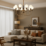 Helena Curve Chandelier – Modern Brass & Walnut Pendant Light for Dining Room
