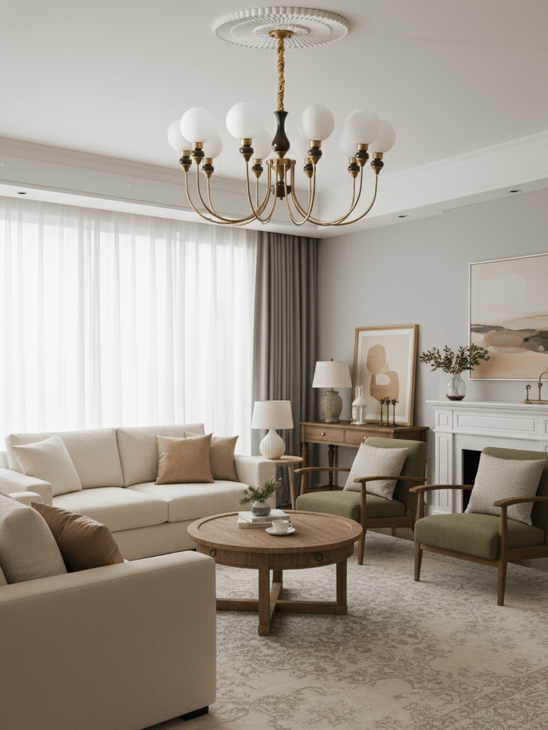 Helena Curve Chandelier – Modern Brass & Walnut Pendant Light for Dining Room