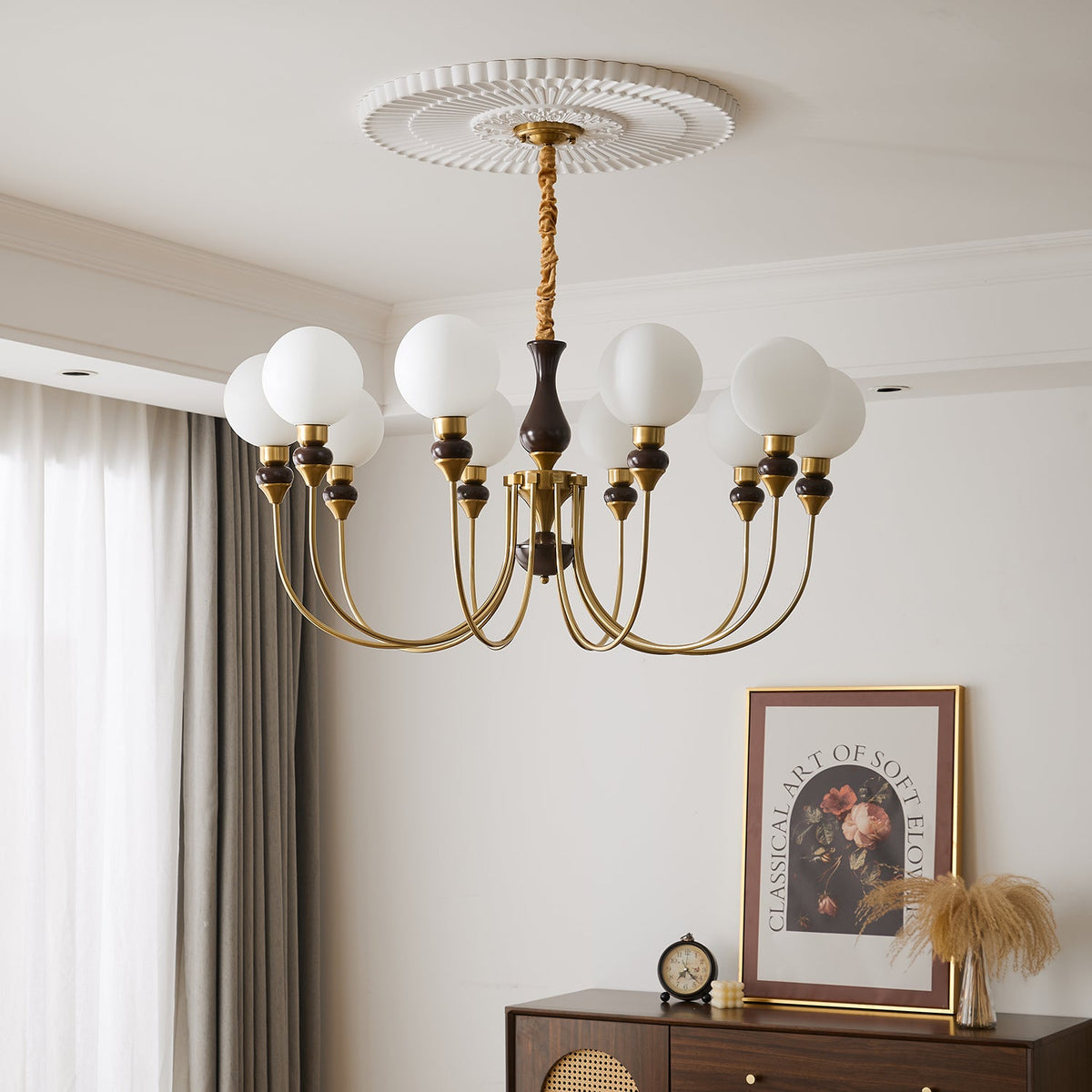 Helena Curve Chandelier – Modern Brass & Walnut Pendant Light for Dining Room