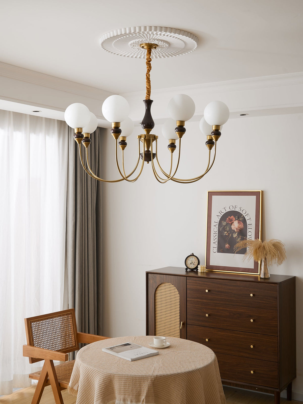 Helena Curve Chandelier – Modern Brass & Walnut Pendant Light for Dining Room
