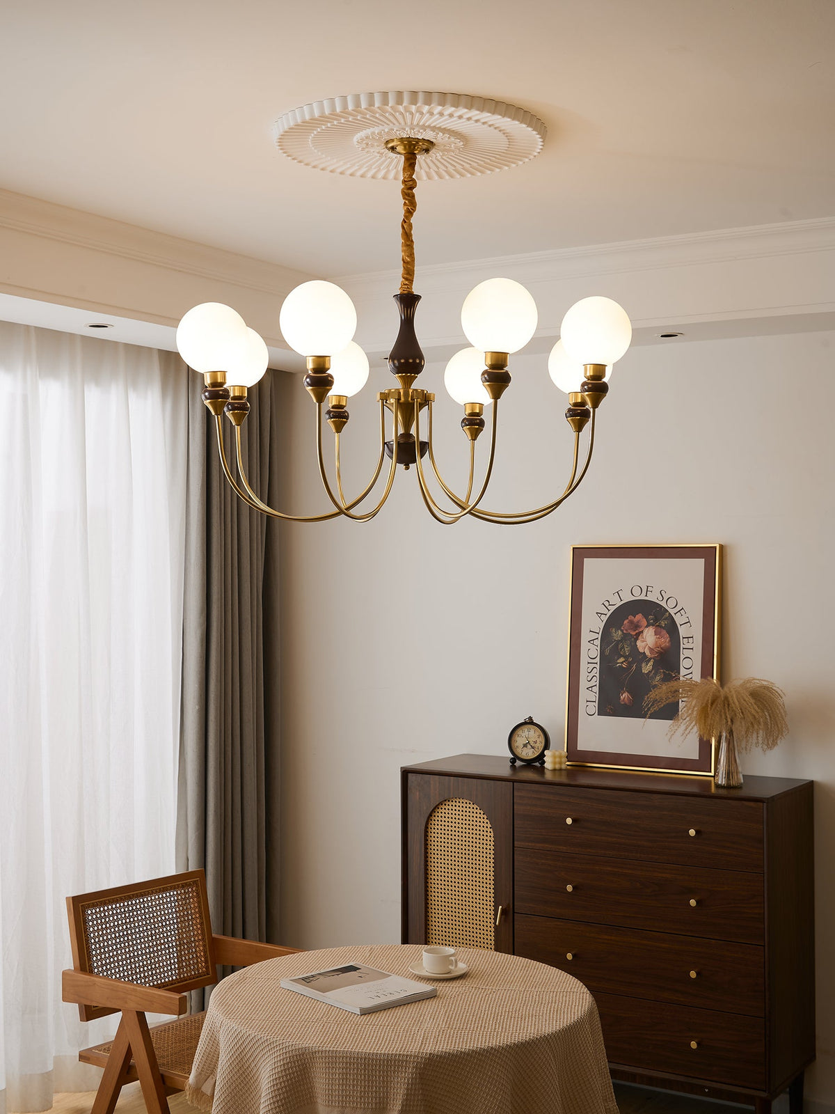 Helena Curve Chandelier – Modern Brass & Walnut Pendant Light for Dining Room