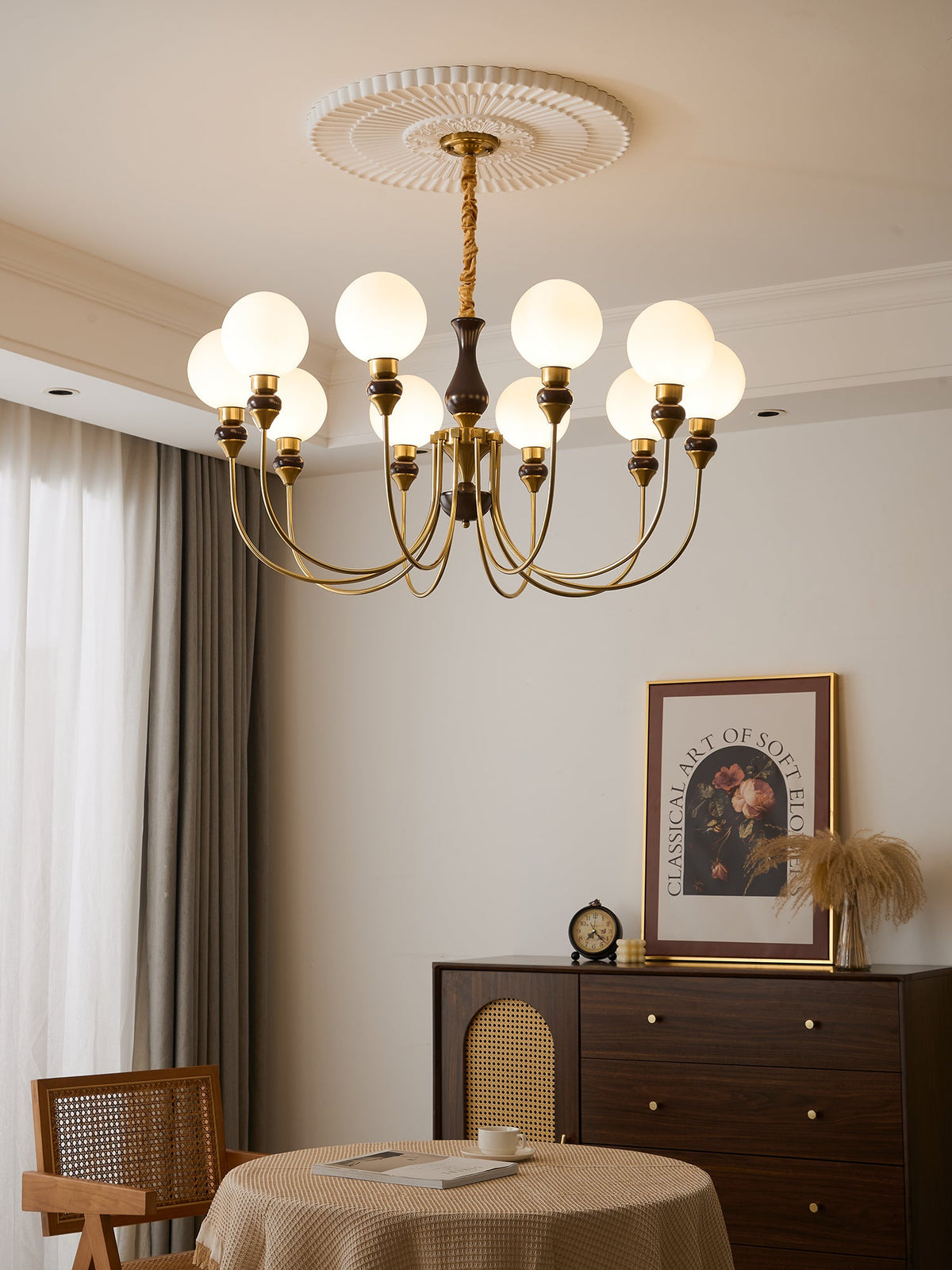 Helena Curve Chandelier – Modern Brass & Walnut Pendant Light for Dining Room