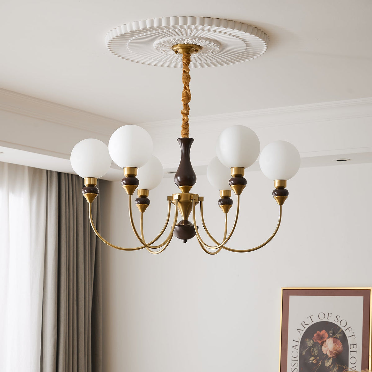 Helena Curve Chandelier – Modern Brass & Walnut Pendant Light for Dining Room