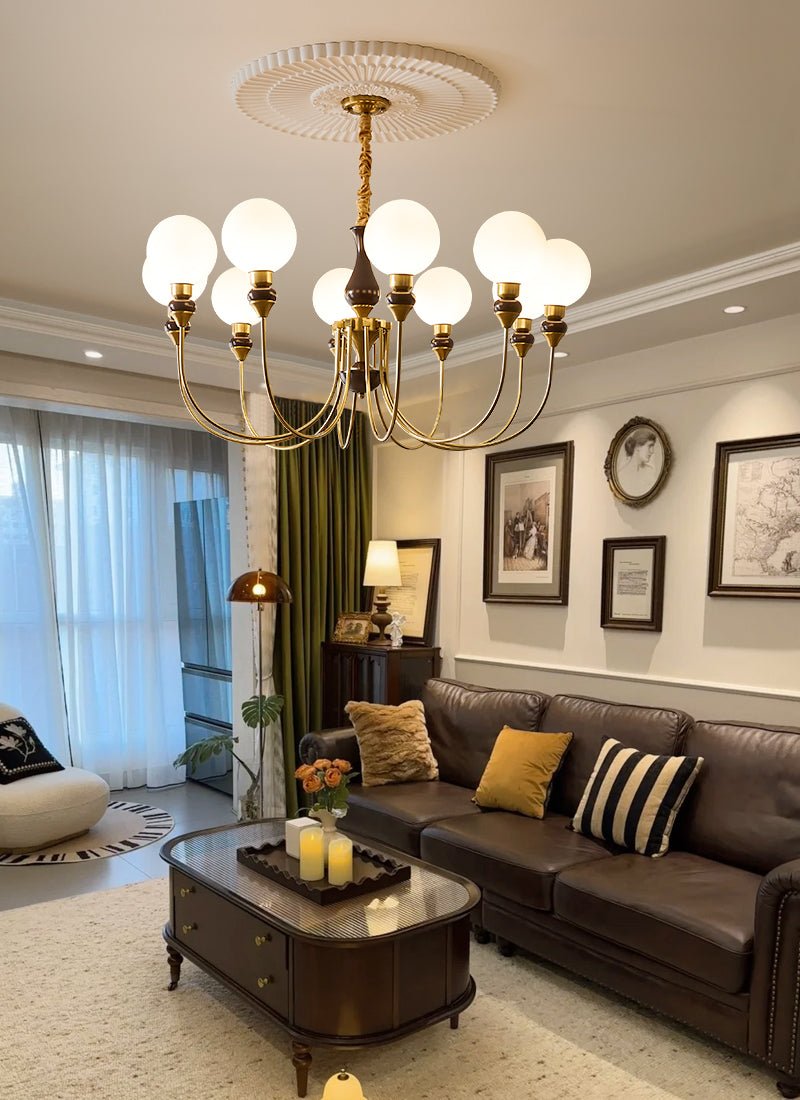 Helena Curve Chandelier – Modern Brass & Walnut Pendant Light for Dining Room