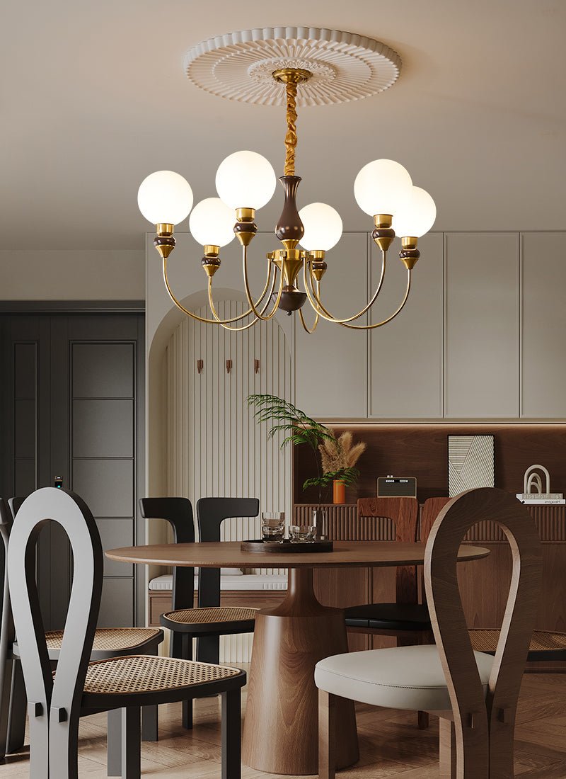 Helena Curve Chandelier – Modern Brass & Walnut Pendant Light for Dining Room