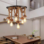 Hemp Rope Industrial Chandelier – Six-Light Pendant for Modern Rustic Interiors
