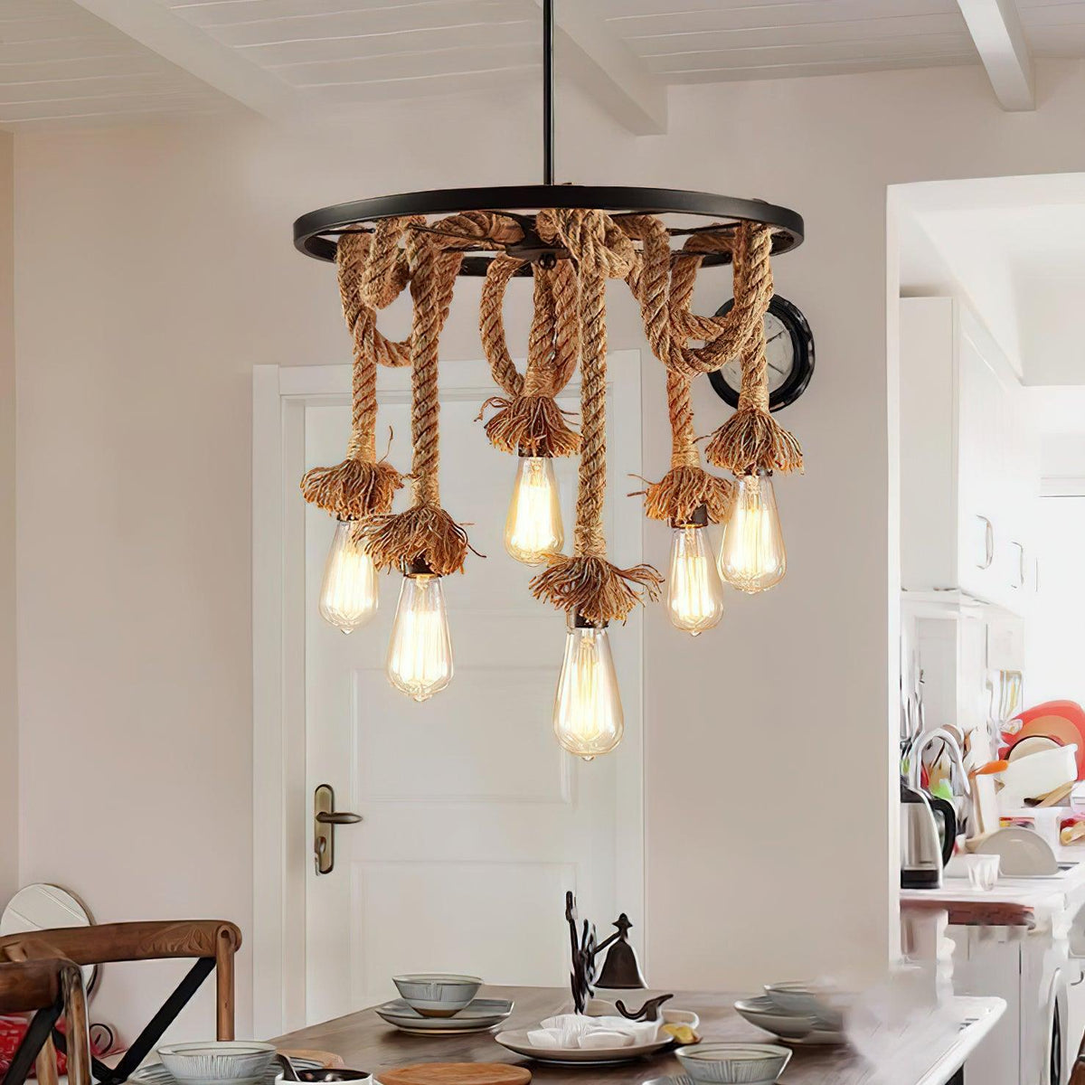 Hemp Rope Industrial Chandelier – Six-Light Pendant for Modern Rustic Interiors