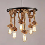 Hemp Rope Industrial Chandelier – Six-Light Pendant for Modern Rustic Interiors